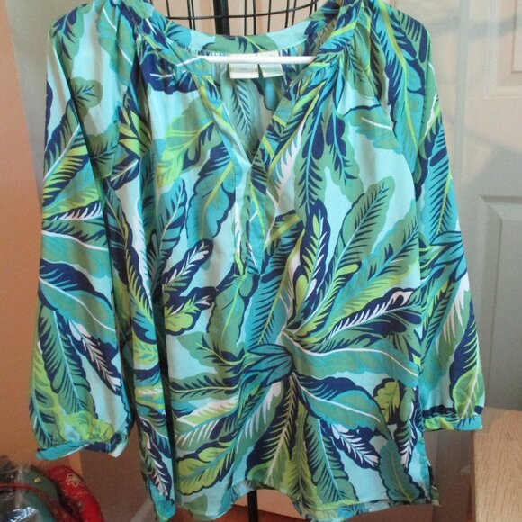 Green Print Tropical Leaves Caribbean Joe Blouse Top XL - Picture 1 of 5